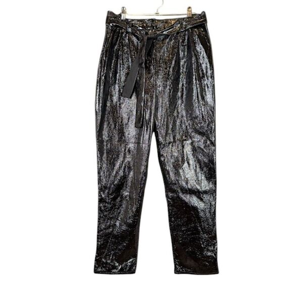 Who What Wear Black Polyurethane Belted Trouser Pants Pleated Dressy Size 4 - Picture 1 of 14